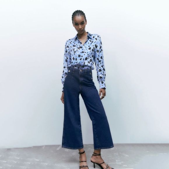 Zara Cropped Z1975 Wide Leg Buttoned - Picture 2 of 10